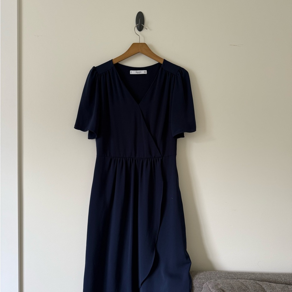 Mango Blue Flutter Sleeve V-Neck Midi Dress